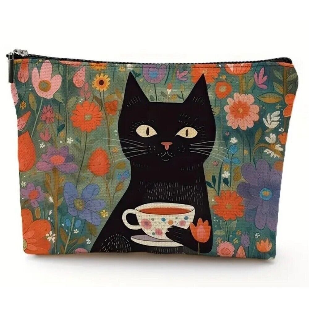 Coffee CAT Floral Zip Case Travel Cosmetic Makeup‎ Toiletry Bag NWT